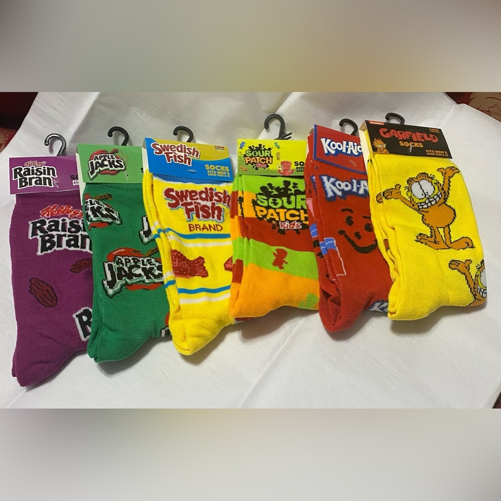 Raisin Bran, Apple Jacks, Swedish Fish, Sour Patch, Kool Aid, Garfield socks